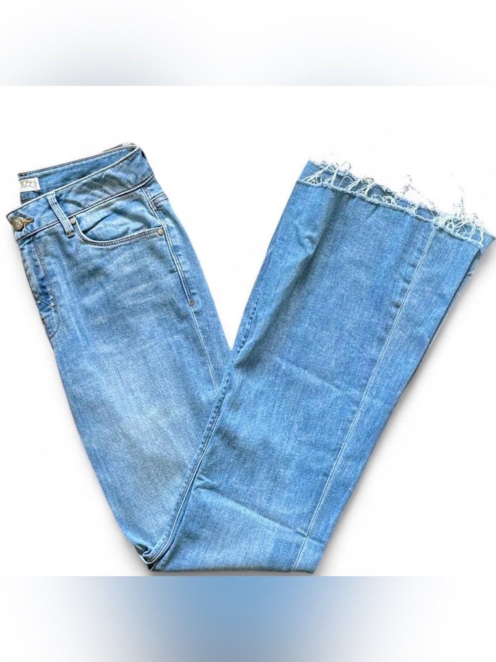 *Boutique* UNPUBLISHED Washed Blue High-Waist Flare Jean with Frayed Hem — 28